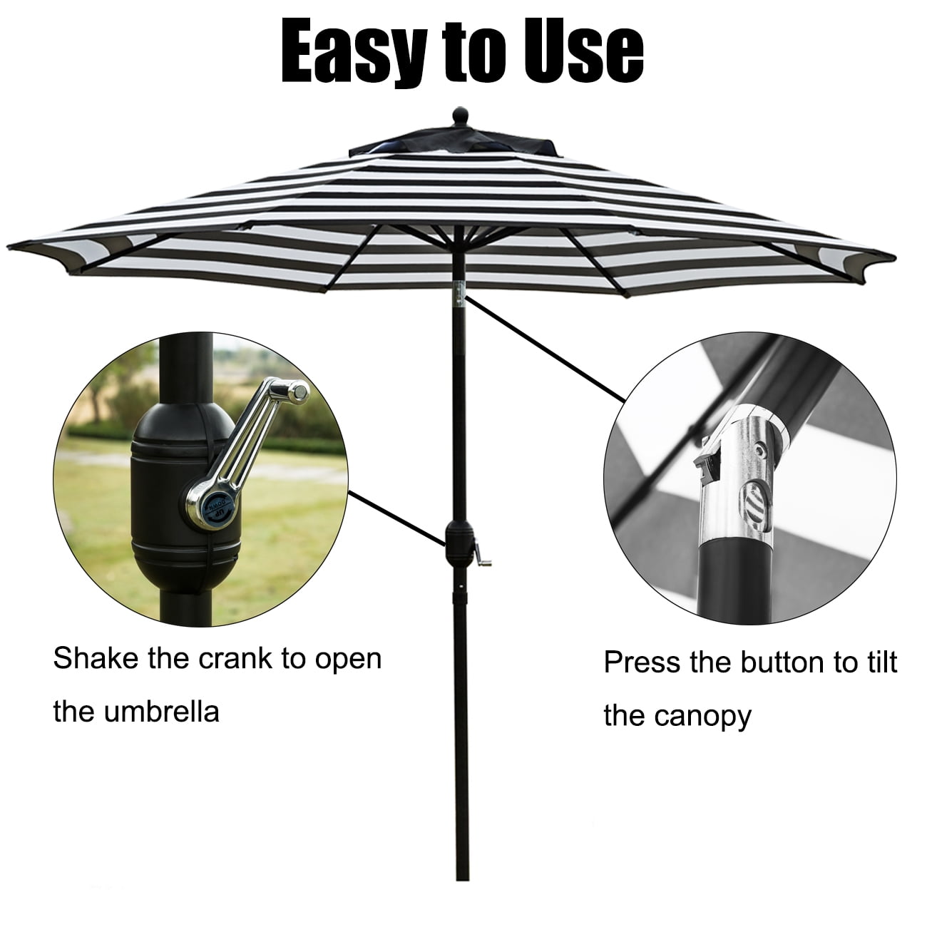 Bibana 9 ft Outdoor Patio Umbrella with Push Button Tilt, Easy Crank Lift, 8 Steel Ribs - Black and White