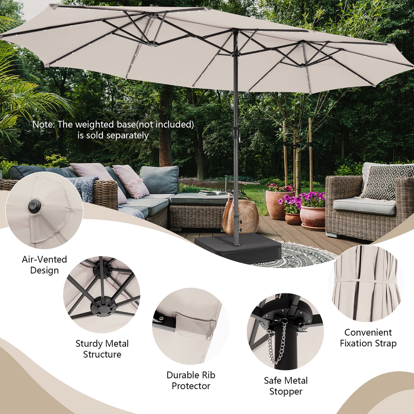 Costway 15FT Twin Patio Double-Sided Umbrella 48 Solar LED Lights Crank Outdoor Beige