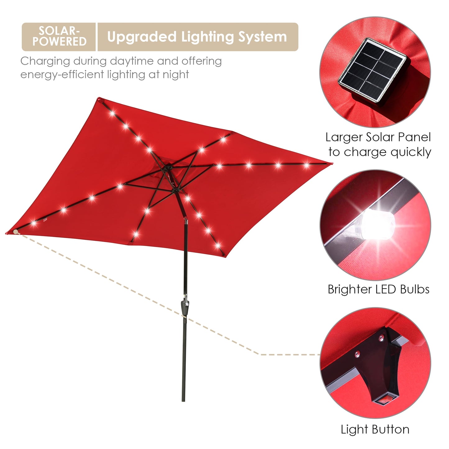 Yescom 10x6.5FT Rectangle Outdoor Solar LED Patio Umbrella with Crank Tilt for Table Market Yard Deck Pool Party Red
