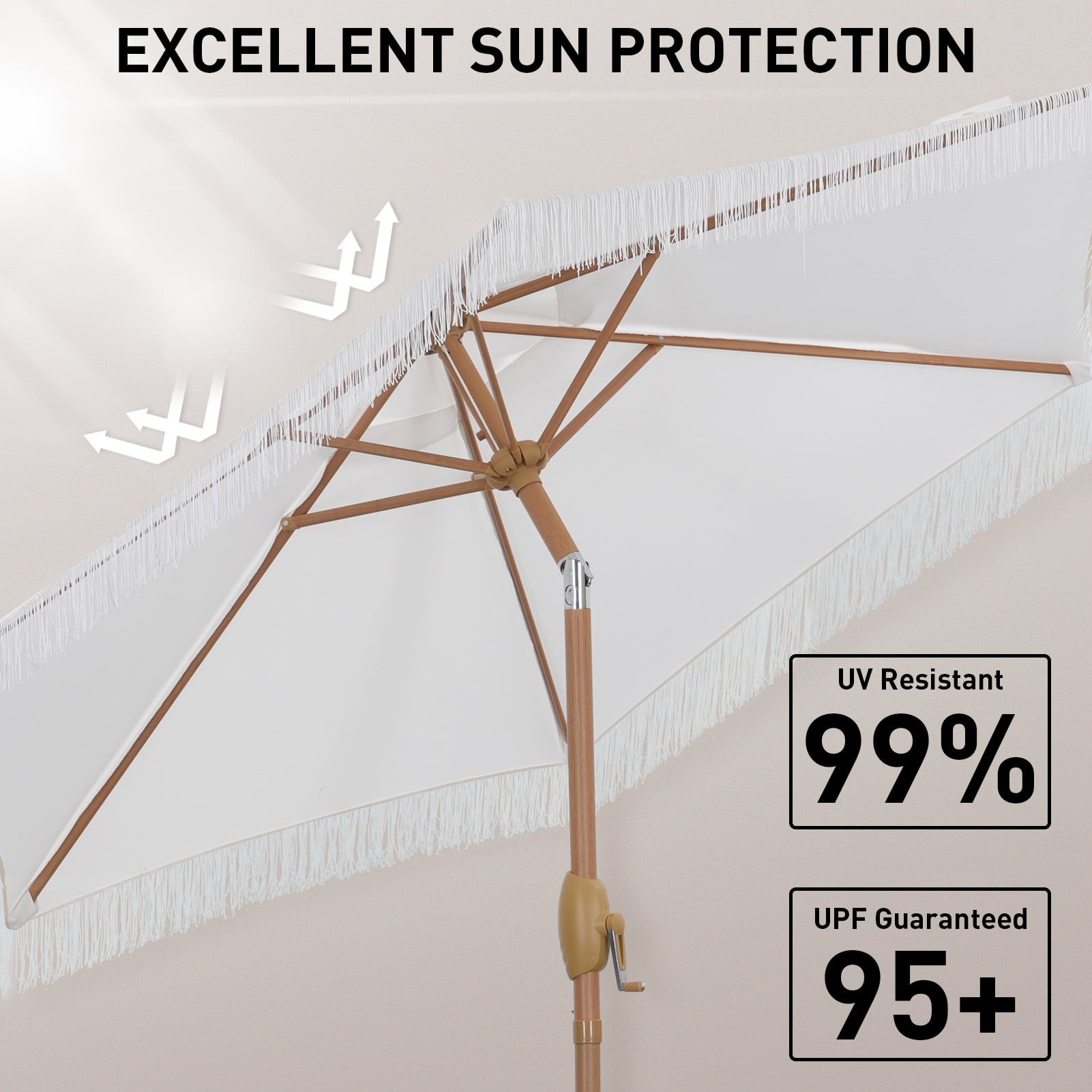 Autlaycil 7.5 ft Fringe Patio Umbrella, Outdoor Table Tassels Umbrella with Push Button Tilt and Crank (White)