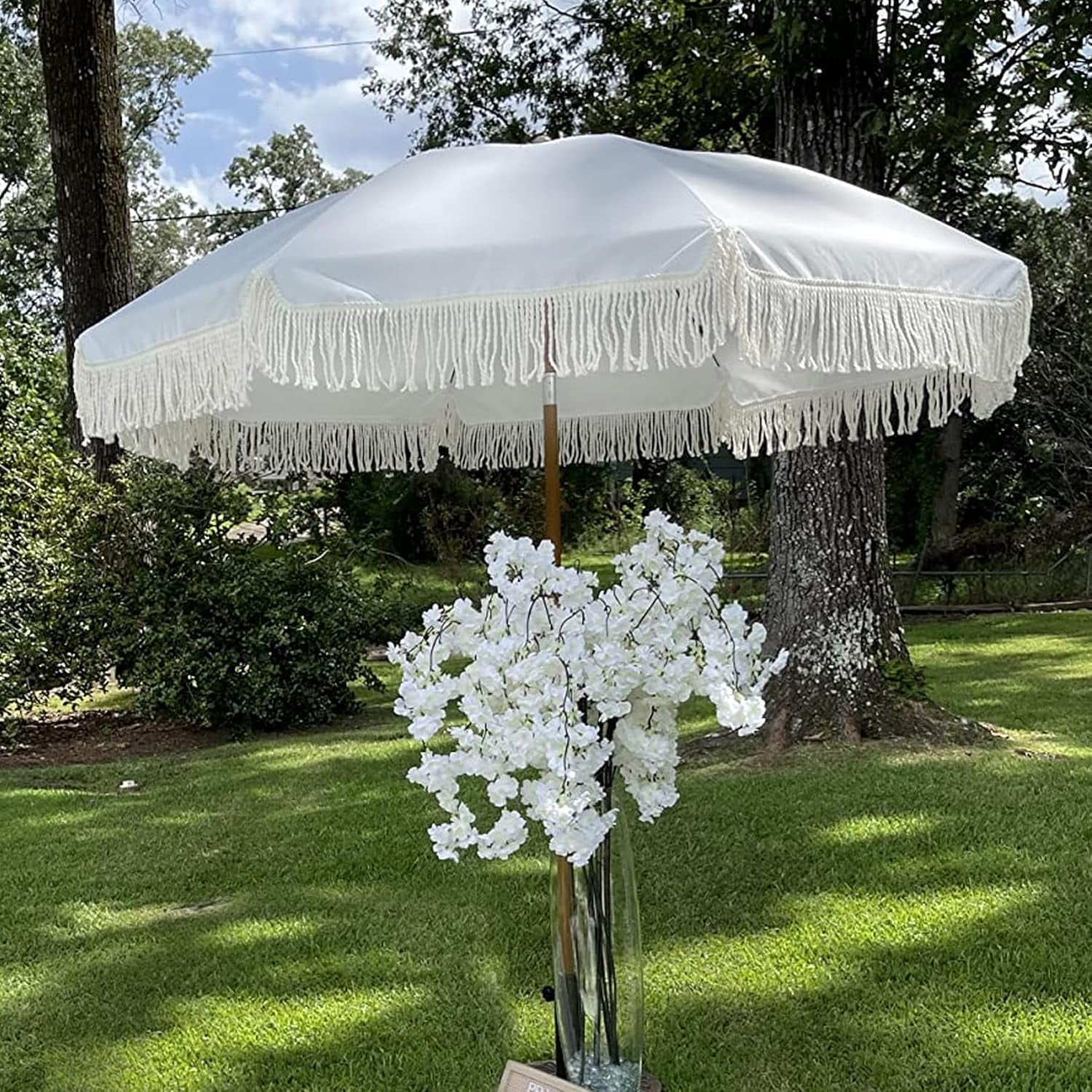 AMMSUN 7ft Fringe Patio Umbrella, Outdoor Table Tassels Umbrella with Push Button Tilt UPF50+ Shade Shelter,Cream White Camping Sun