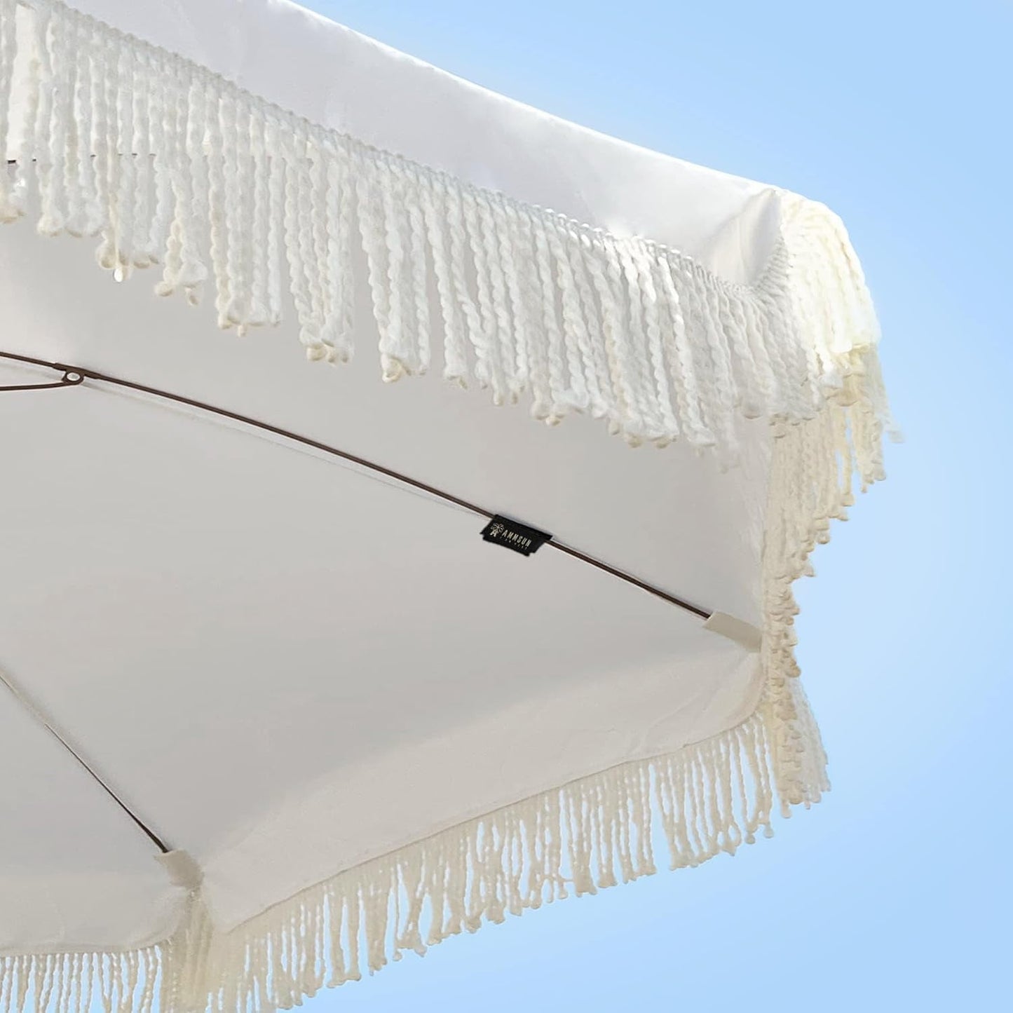 AMMSUN 7ft Fringe Patio Umbrella, Outdoor Table Tassels Umbrella with Push Button Tilt UPF50+ Shade Shelter,Cream White Camping Sun