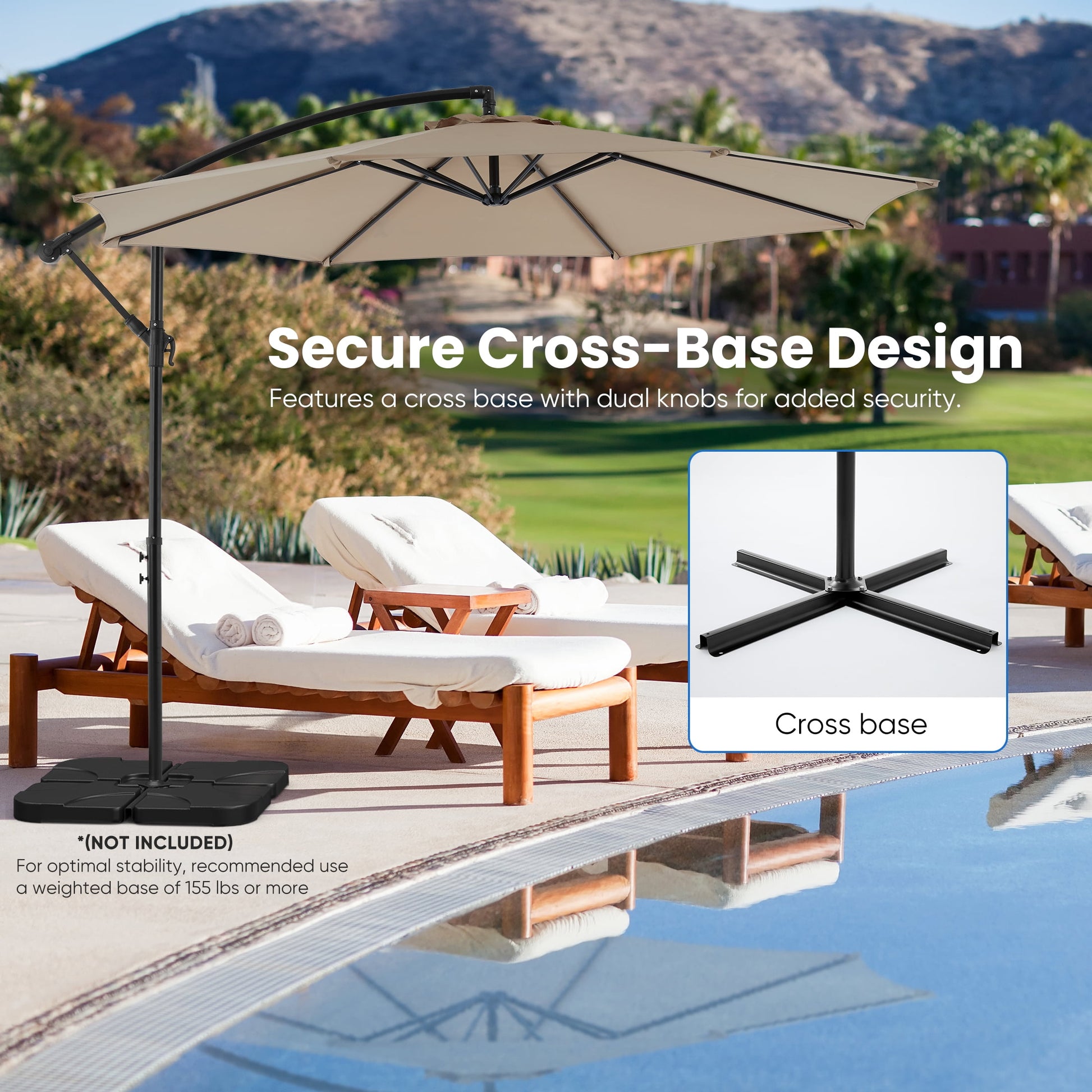 edx 10FT Offset Hanging Patio Umbrella Outdoor with Push Button Tilt & Self-Locking, Polyester Shade, 8 Sturdy Ribs, Khaki