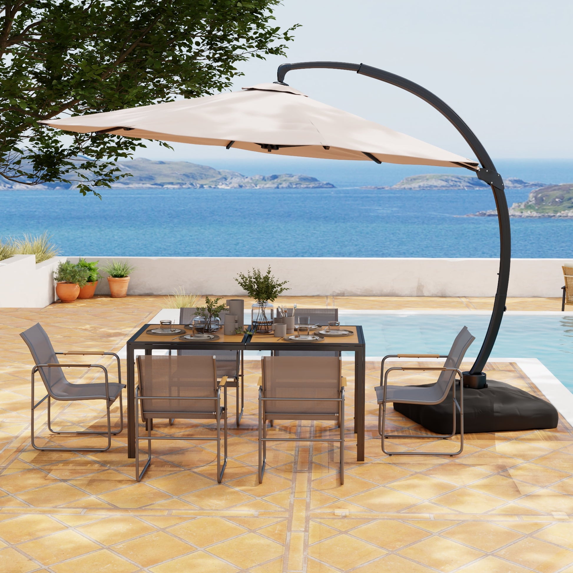 11FT Cantilever Patio Umbrella with Base Included, Large Cantilever umbrella with 360°Rotation, Heavy-Duty Offset Outdoor Umbrella for Patio,Pool,Garden and Backyard (Champagne)