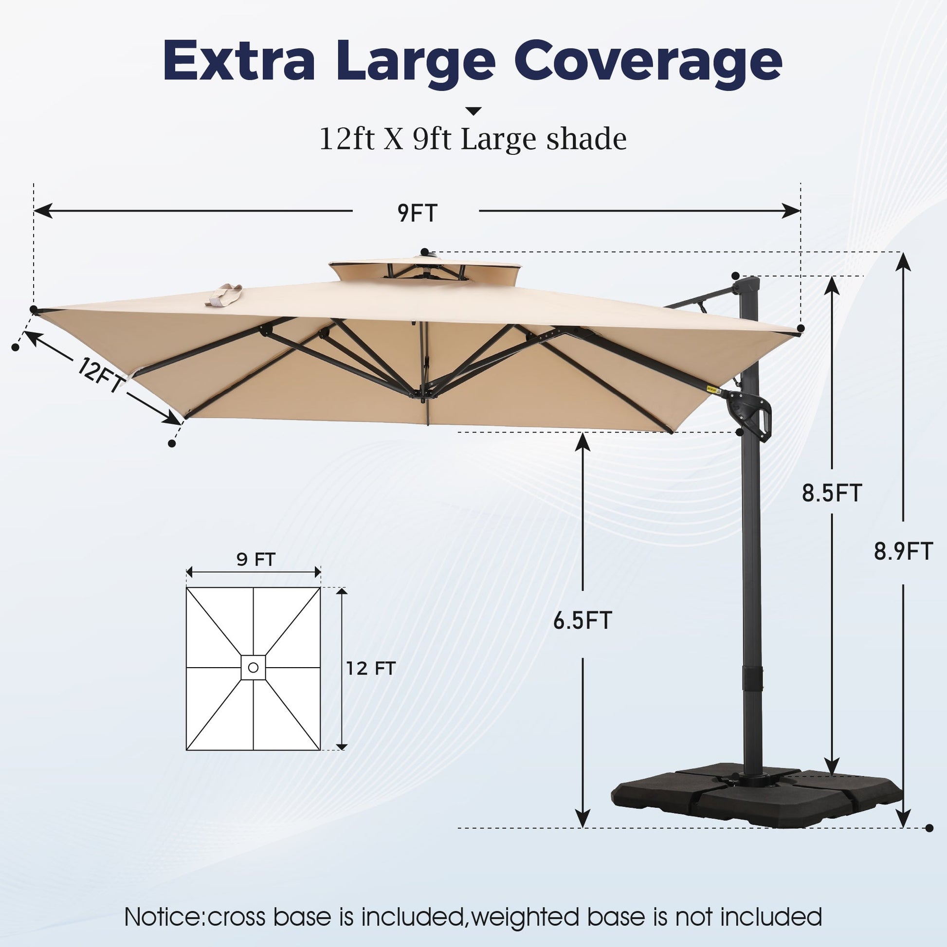 Alpha Joy 12x9ft Outdoor Patio Umbrella Large Rectangle Offset Cantilever Double Umbrella with 360°Rotation, Beige