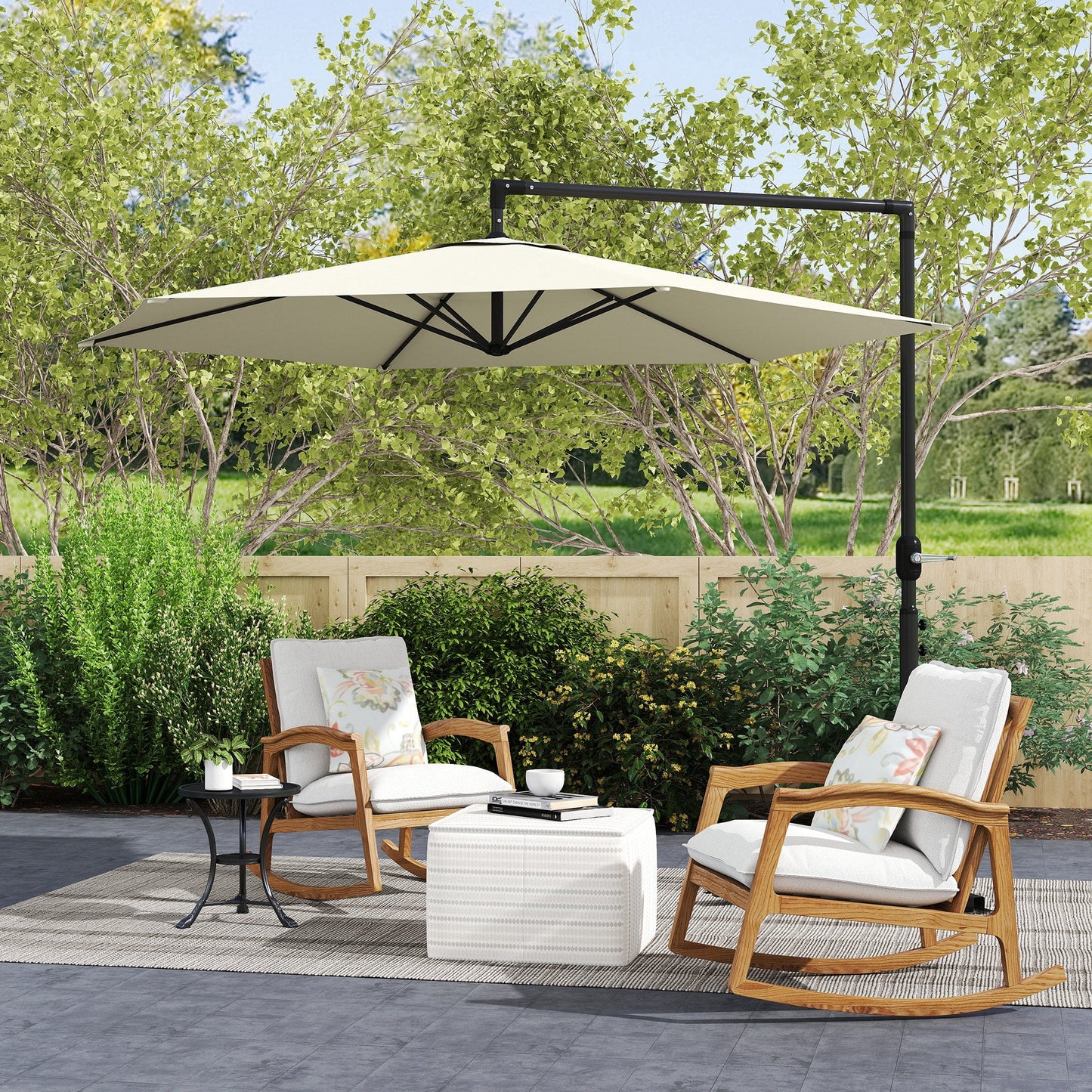 Outsunny 9.5FT Cantilever Patio Umbrella with Crank, Cross Base and Air Vent, Round Hanging Offset Umbrella for Pool, Backyard, Deck, Garden, Beige