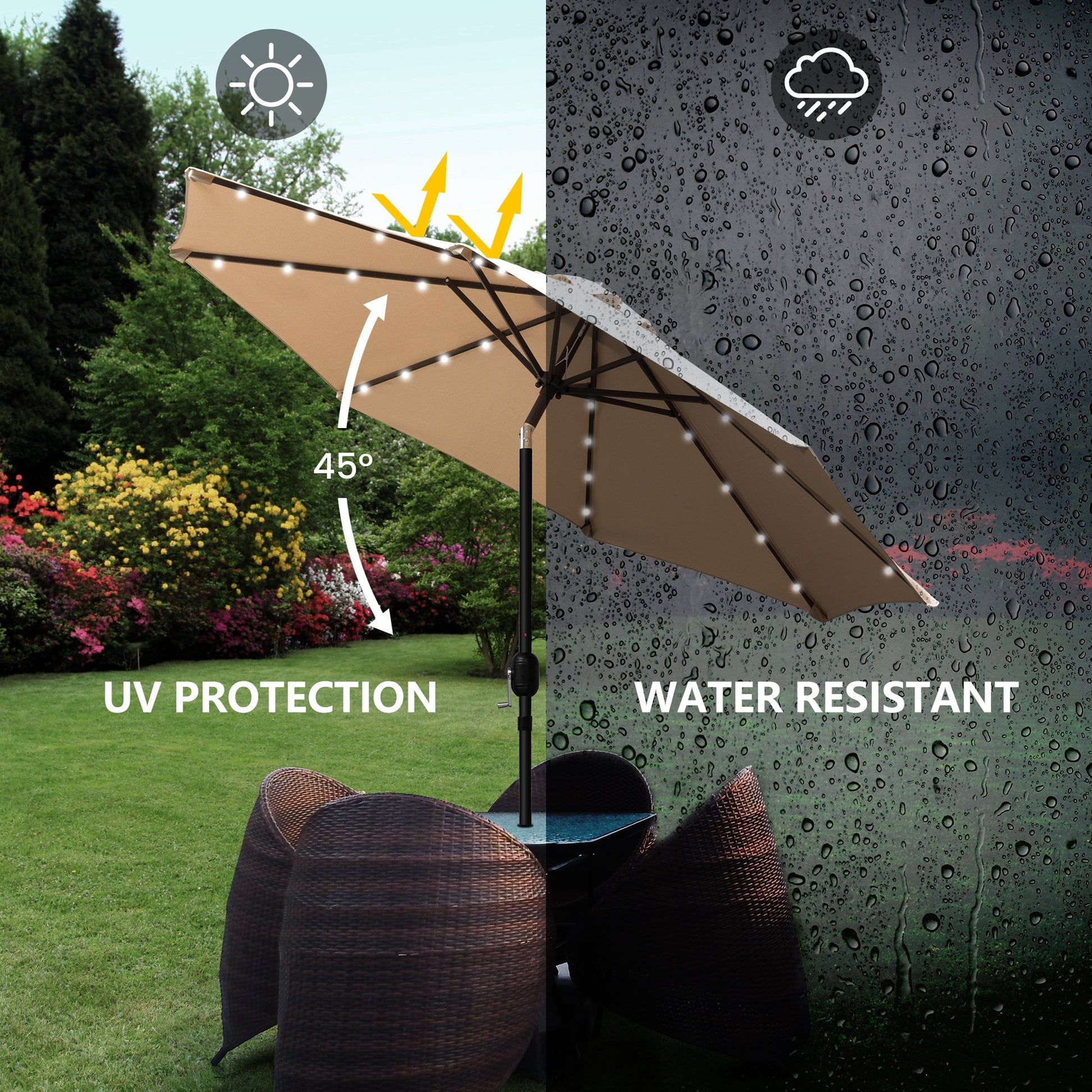 Sun-Ray 9 FT 32 LED Patio Solar Umbrella w/ Push Button Tilt and Crank Outdoor Umbrella Taupe
