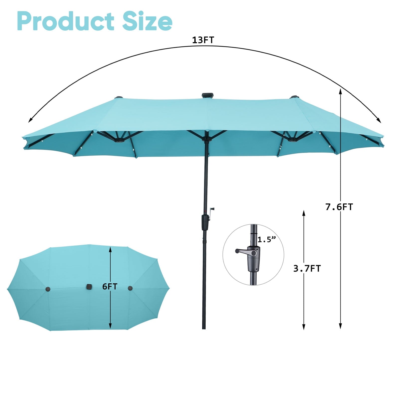 Autlaycil 13' Market Patio Umbrella with Crank System and 36 Solar Powered LED Lights for Outdoor, Market, Beach, Garden, Yard, Party, Blue