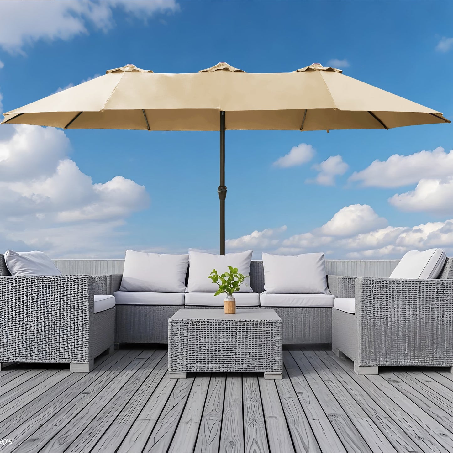 Greforg 15FT Triple Outdoor Patio Umbrella with Base Included & Vented Canopy, Waterproof & UV Protection, Ideal for Garden, Deck, Poolside, and Restaurant Beige