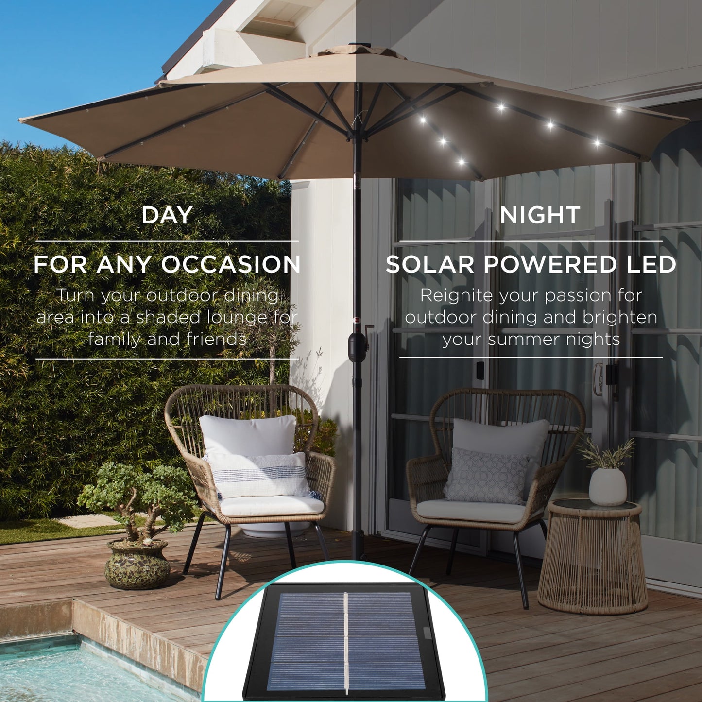 Best Choice Products 10ft Solar LED Lighted Patio Umbrella w/ Tilt Adjustment, UV-Resistant Fabric - Tan