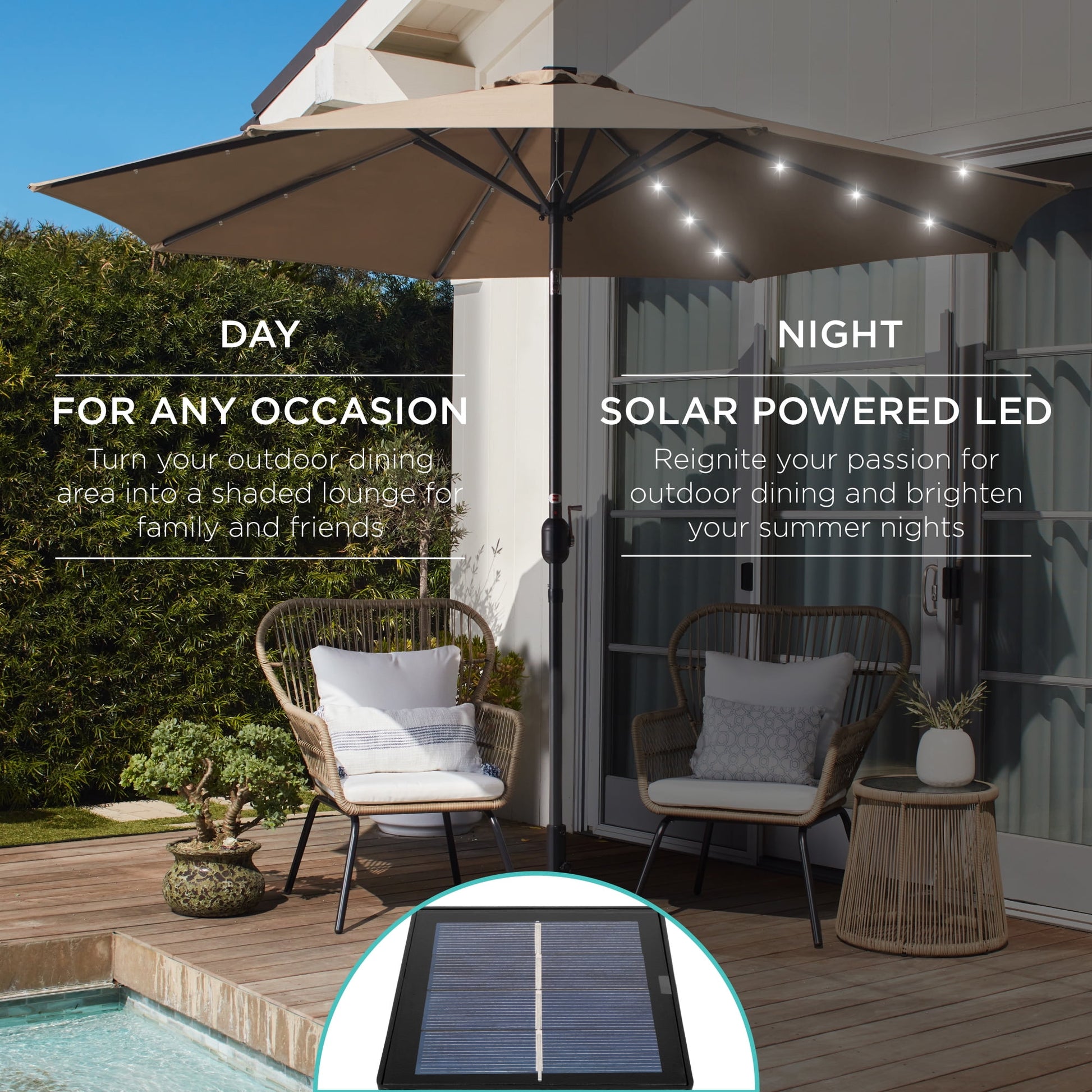 Best Choice Products 10ft Solar LED Lighted Patio Umbrella w/ Tilt Adjustment, UV-Resistant Fabric - Tan