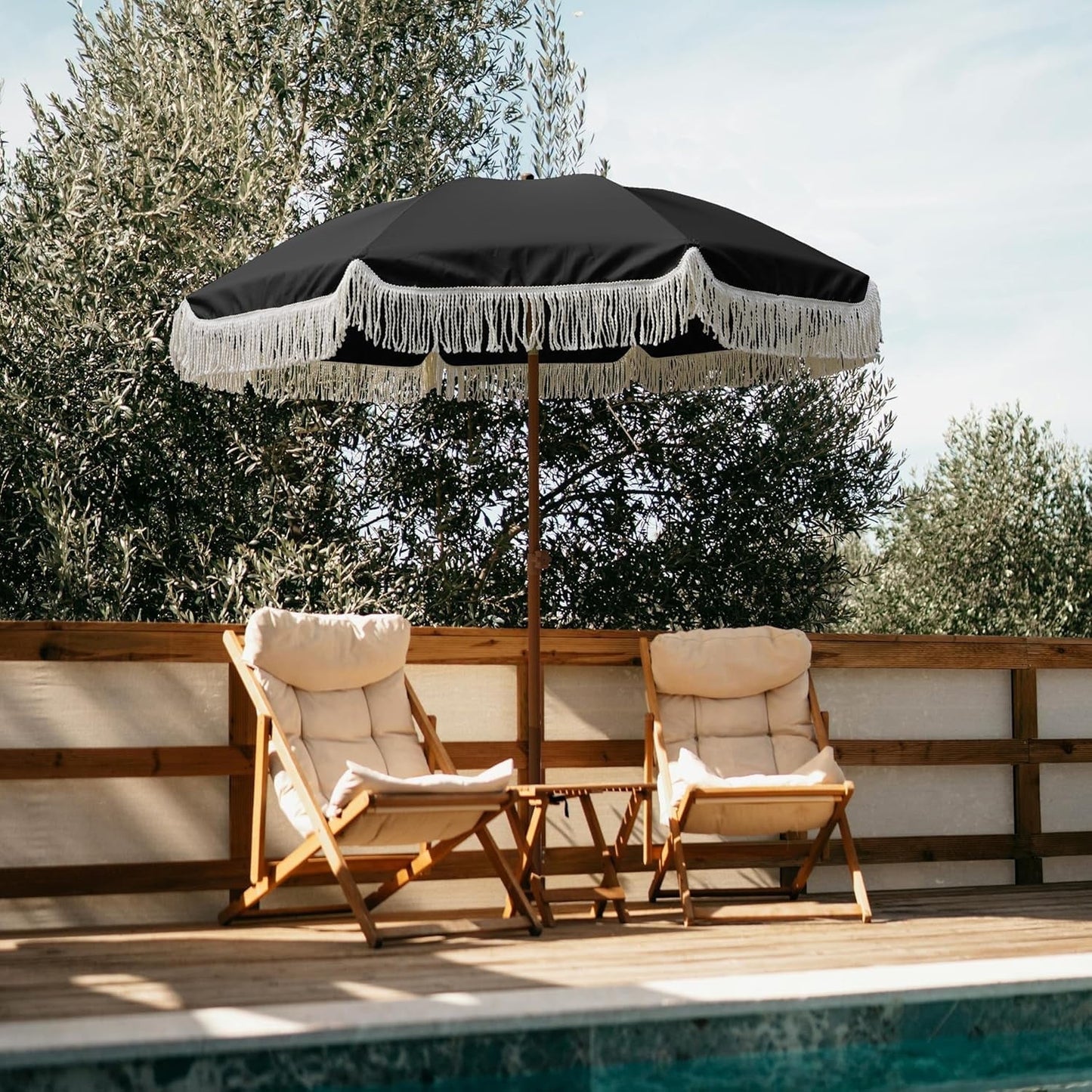 AMMSUN 7ft Fringe Patio Umbrella, Outdoor Table Tassels Umbrella with Push Button Tilt UPF50+ Shade Shelter,Cream White Camping Sun