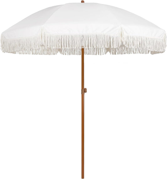 AMMSUN 7ft Fringe Patio Umbrella, Outdoor Table Tassels Umbrella with Push Button Tilt UPF50+ Shade Shelter,Cream White Camping Sun