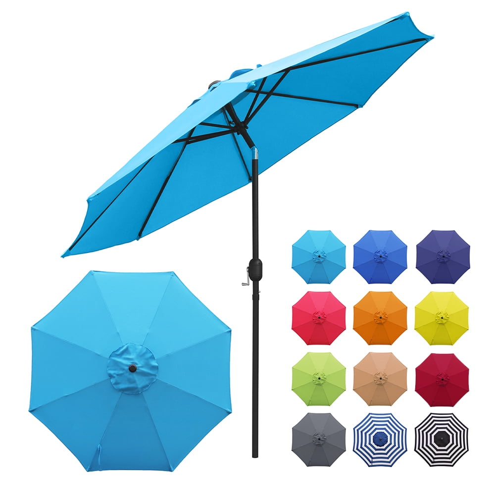 Abble 9FT Outdoor Patio Umbrella with Push Button Tilt and Crank Handle, Market Umbrella with 8 Sturdy Umbrella Ribs, Waterproof for Garden, Deck, Backyard, Pool, Blue