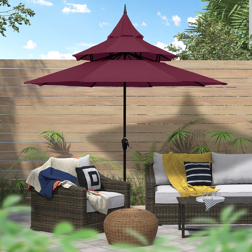 Abble 9ft Patio Umbrella with Crank 3-Tier Pagoda Outdoor Market Umbrella with 8 Ribs for Garden Deck Backyard Pool, Tan