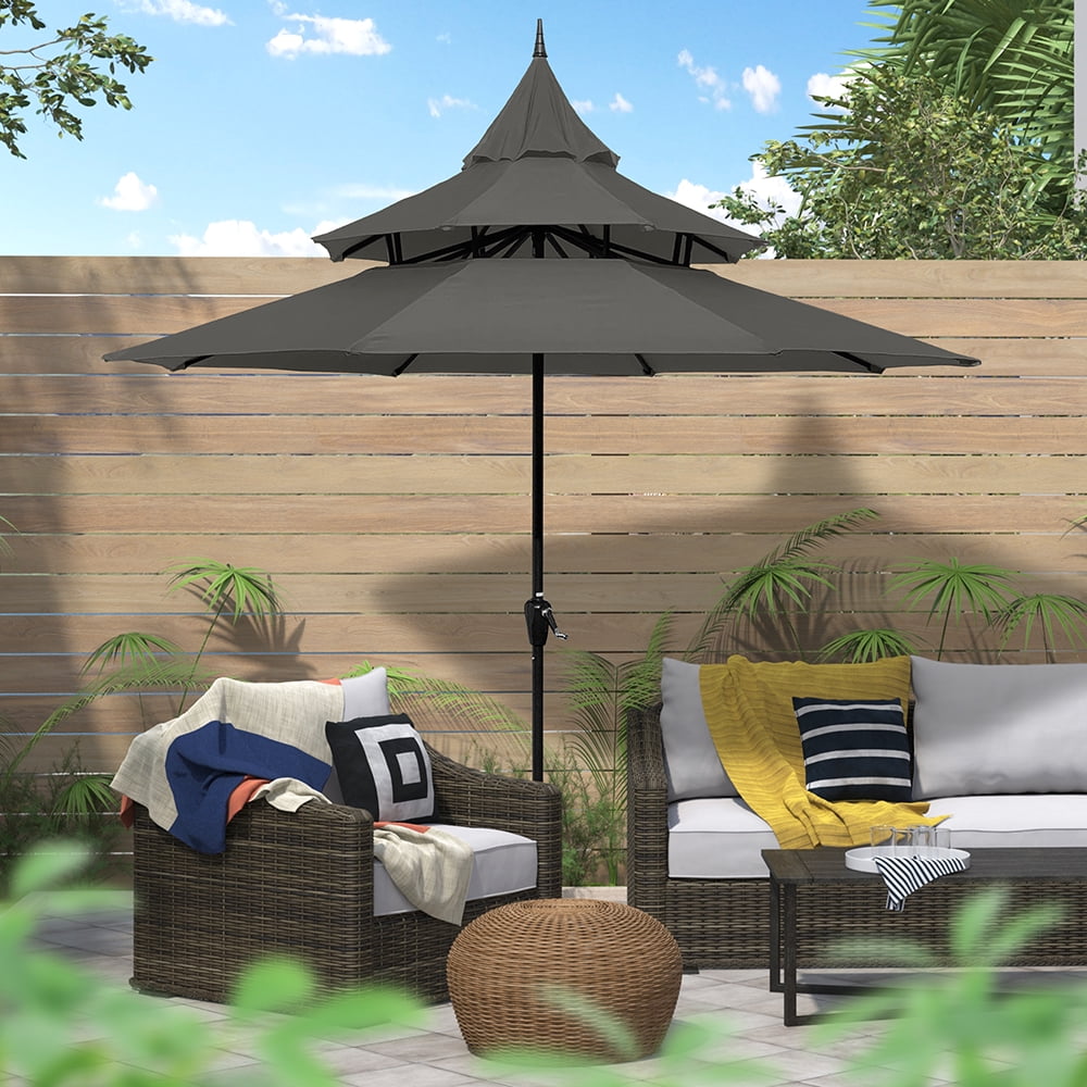 Abble 9ft Patio Umbrella with Crank 3-Tier Pagoda Outdoor Market Umbrella with 8 Ribs for Garden Deck Backyard Pool, Tan