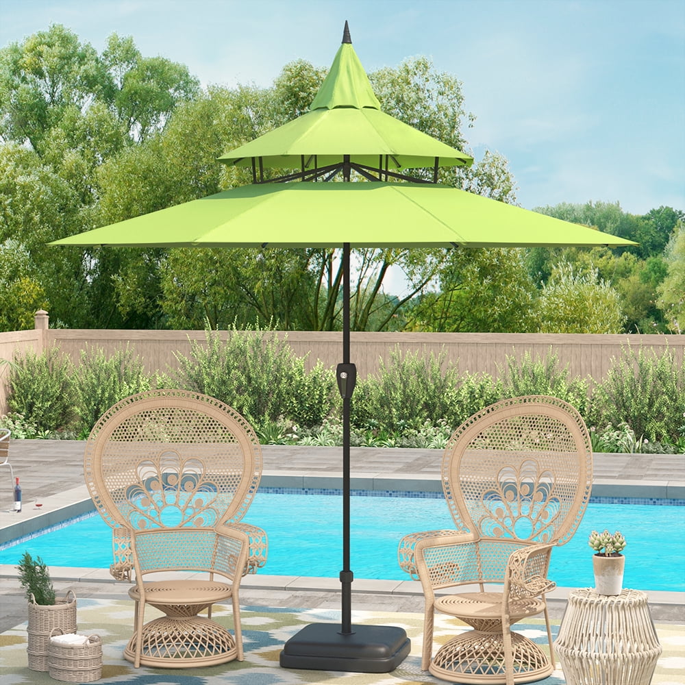 Abble 9ft Patio Umbrella with Crank 3-Tier Pagoda Outdoor Market Umbrella with 8 Ribs for Garden Deck Backyard Pool, Tan