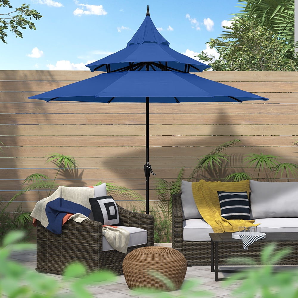 Abble 9ft Patio Umbrella with Crank 3-Tier Pagoda Outdoor Market Umbrella with 8 Ribs for Garden Deck Backyard Pool, Tan