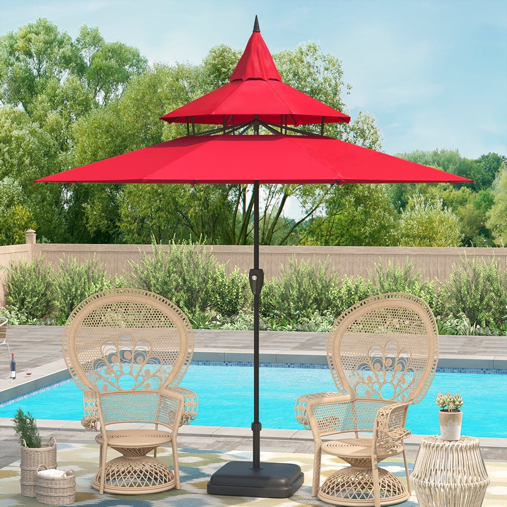 Abble 9ft Patio Umbrella with Crank 3-Tier Pagoda Outdoor Market Umbrella with 8 Ribs for Garden Deck Backyard Pool, Tan