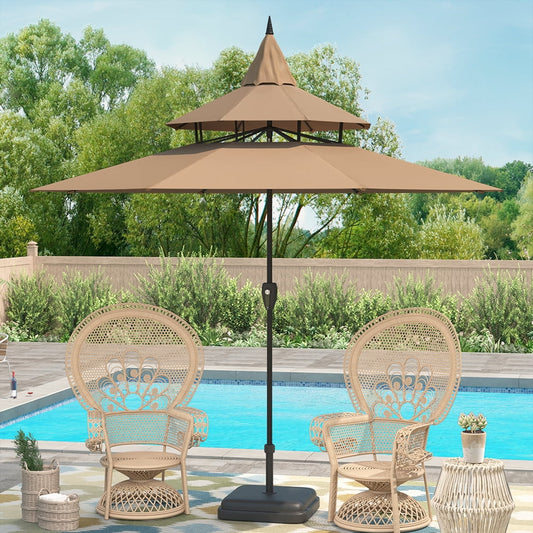 Abble 9ft Patio Umbrella with Crank 3-Tier Pagoda Outdoor Market Umbrella with 8 Ribs for Garden Deck Backyard Pool, Tan