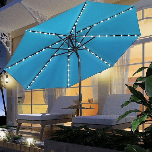 Ainfox 10ft Patio Umbrella with lights, Outdoor Table Sun Shade Umbrellas with Push Button Tilt/Crank, 8 ribs,Lake Blue