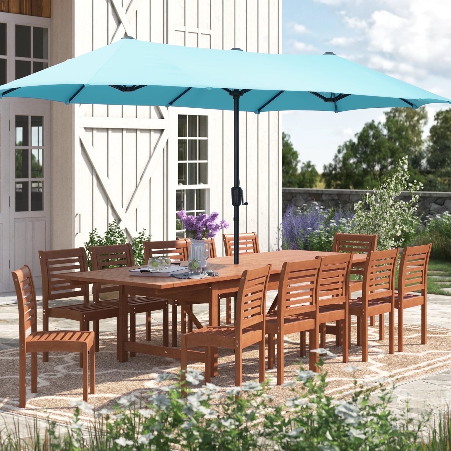 Ainfox 13ft Large Patio Umbrella, Outdoor Double-Sided Rectangle Market Heavy Duty Umbrellas without Base, Blue