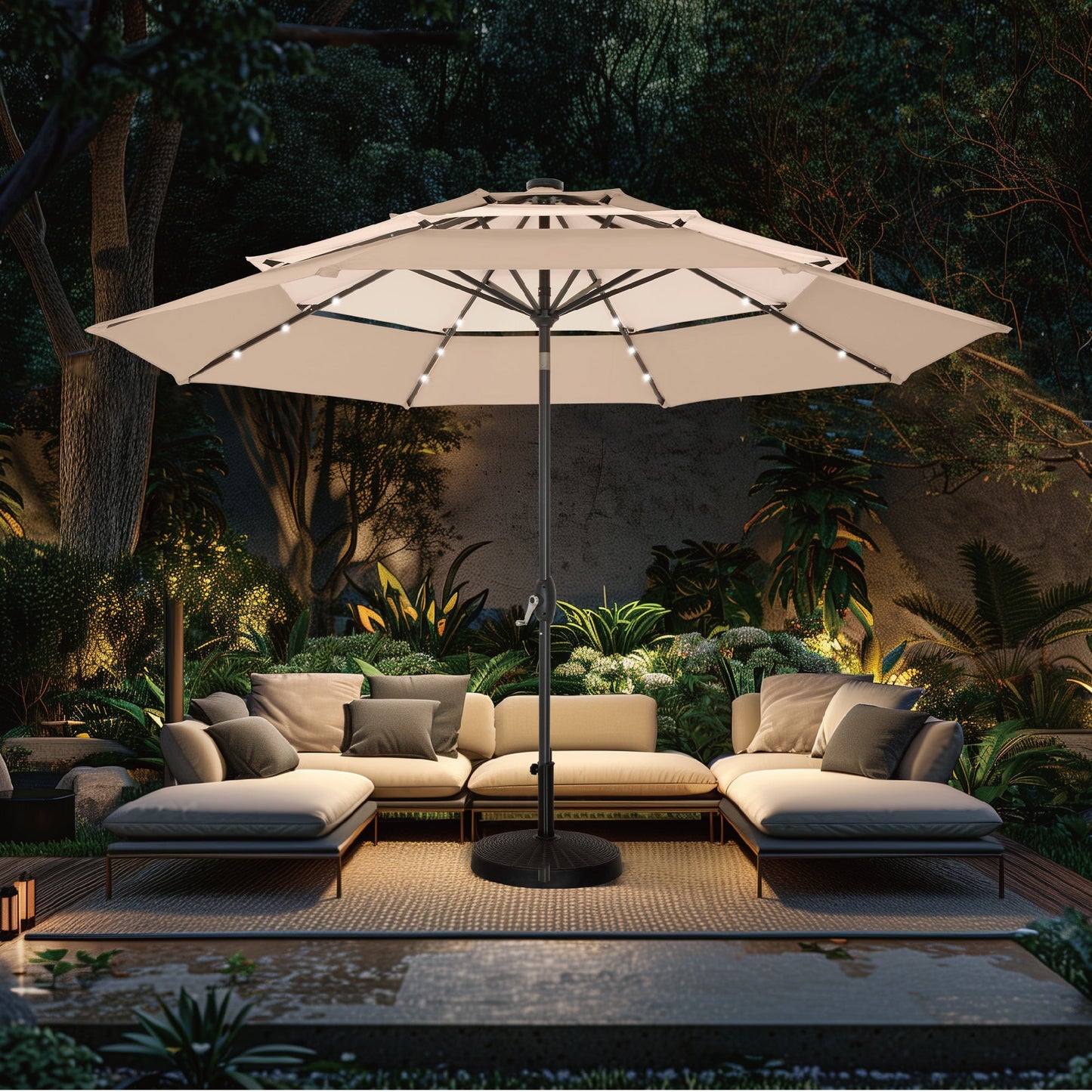 Alpha Joy 10ft 3 Tier Auto-Tilt Outdoor Patio Umbrella Beach Garden Double Vented Table Umbrella with Push Button and Crank, Beige