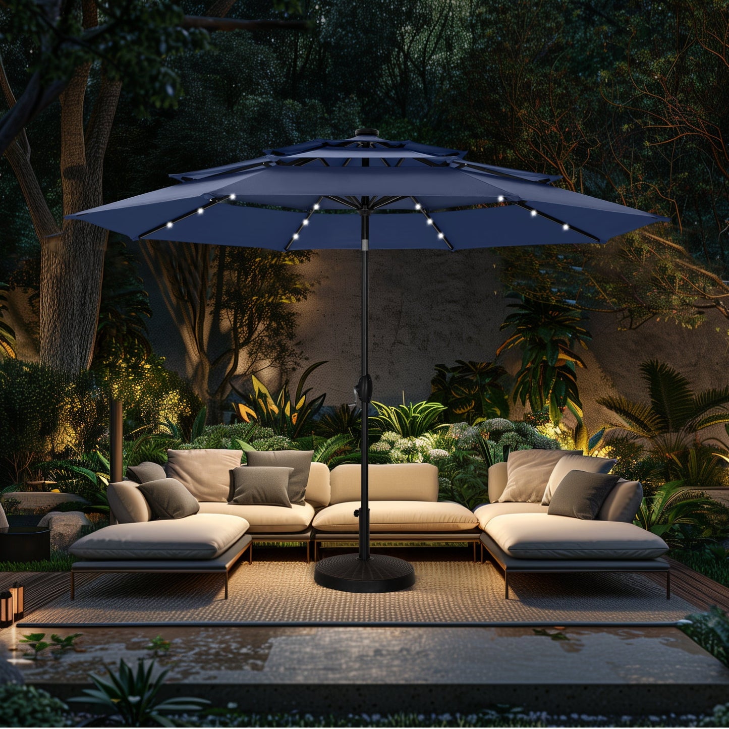 Alpha Joy 10ft 3 Tier Auto-Tilt Outdoor Patio Umbrella Beach Garden Double Vented Table Umbrella with Push Button and Crank, Beige