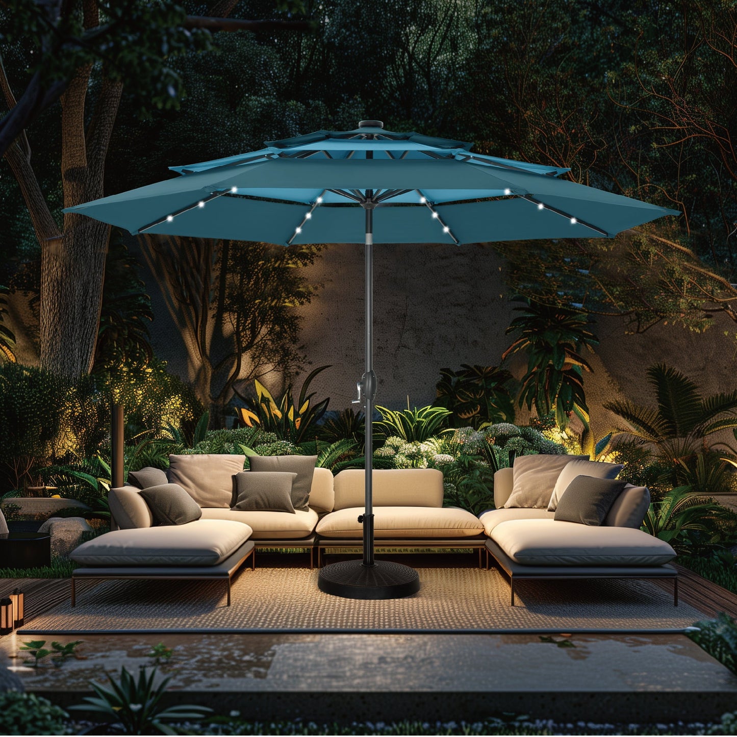 Alpha Joy 10ft 3 Tier Auto-Tilt Outdoor Patio Umbrella Beach Garden Double Vented Table Umbrella with Push Button and Crank, Beige