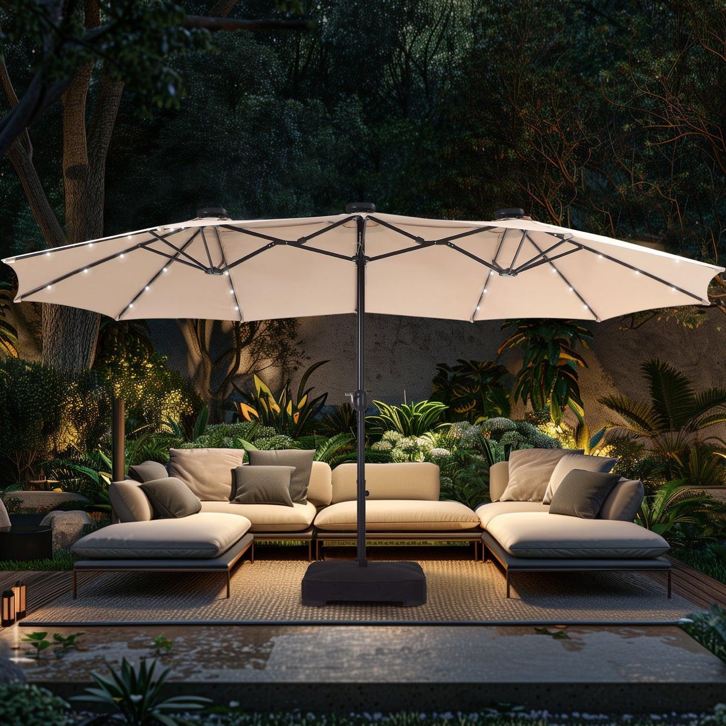 Alpha Joy 15ft Extra Large Outdoor Patio Double-Sided Umbrella with Solar Lights & Umbrella Base, Navy Blue