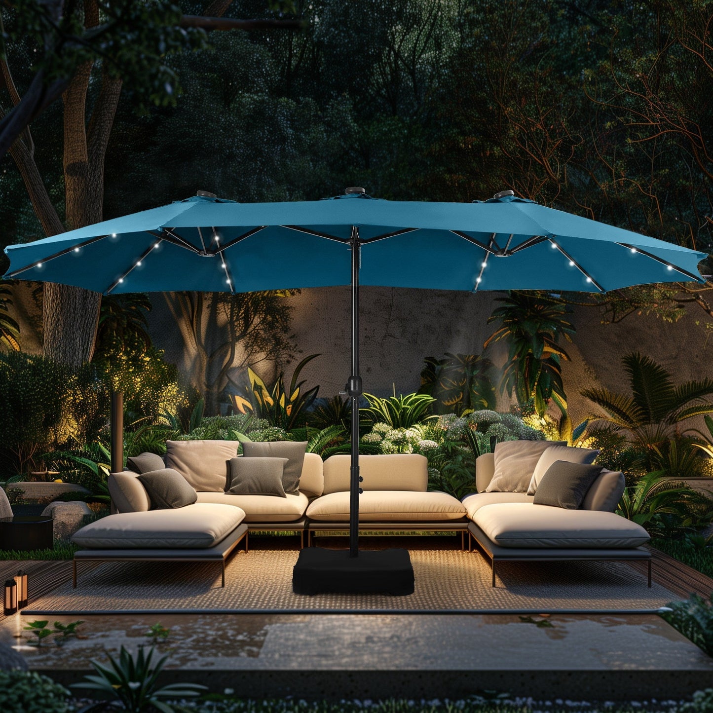 Alpha Joy 15ft Extra Large Outdoor Patio Double-Sided Umbrella with Solar Lights & Umbrella Base, Haze Blue