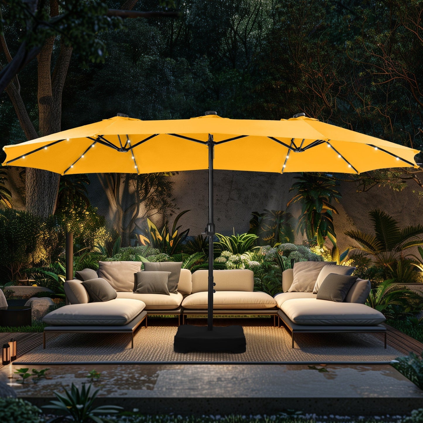 Alpha Joy 15ft Extra Large Outdoor Patio Double-Sided Umbrella with Solar Lights & Umbrella Base, Navy Blue