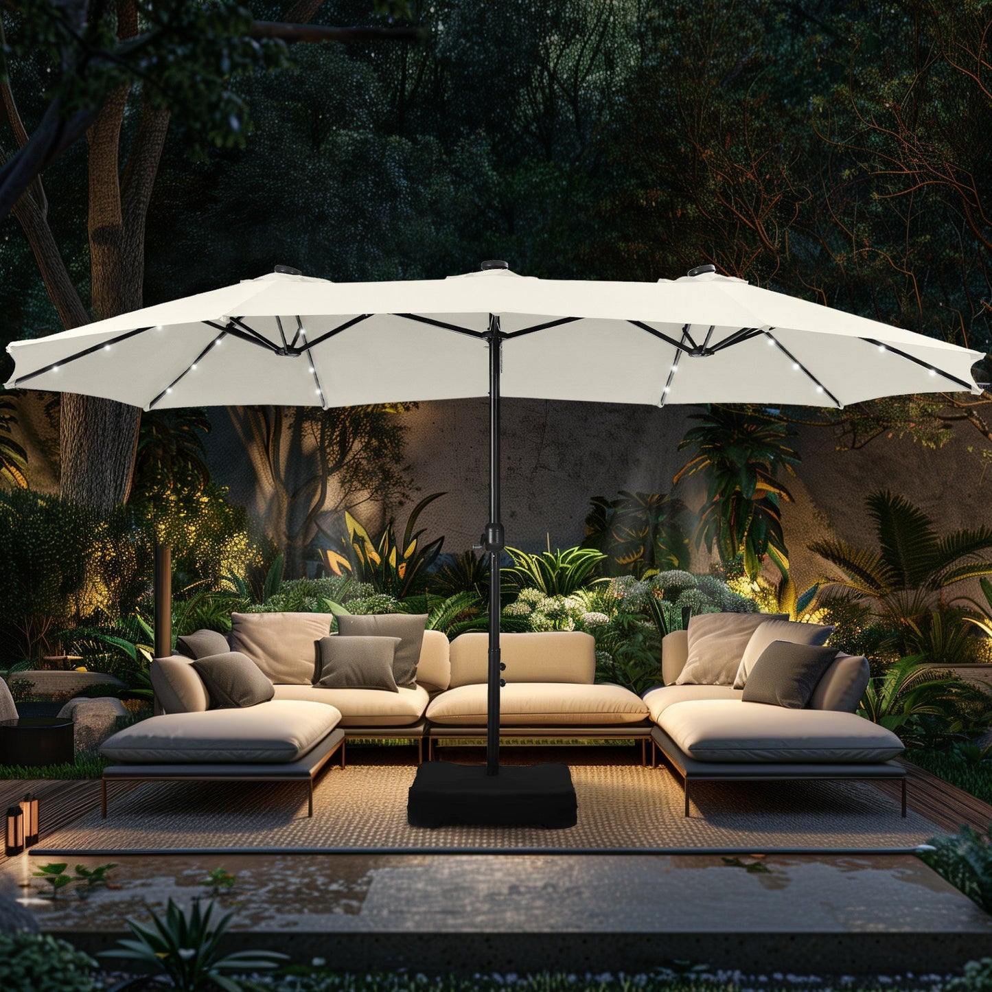 Alpha Joy 15ft Extra Large Outdoor Patio Double-Sided Umbrella with Solar Lights & Umbrella Base, Haze Blue