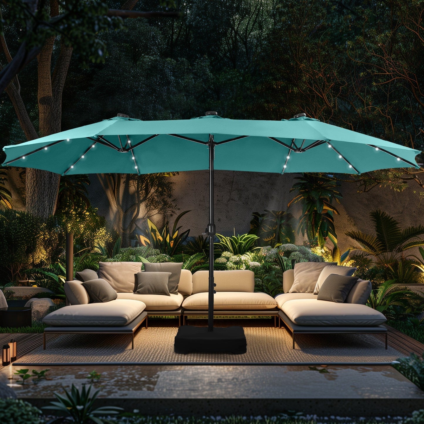 Alpha Joy 15ft Extra Large Outdoor Patio Double-Sided Umbrella with LED Solar Lights & Umbrella Base, Beige