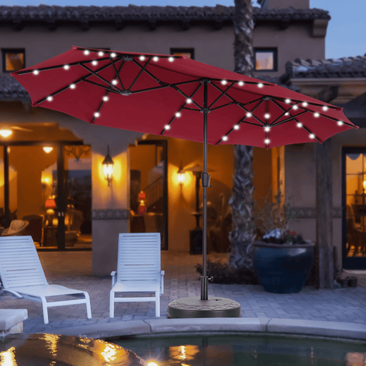 Autlaycil 13ft Patio Solar Umbrella LED Patio Market with Crank Outdoor and Umbrella Base, Red