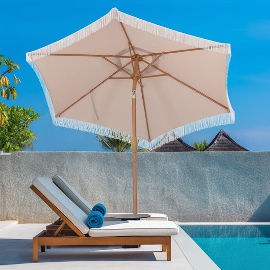Autlaycil 7.5 ft Fringe Patio Umbrella for Beach, Pool, Adjustable Outdoor Market Umbrellas,Tassel Stylish (Khaki)