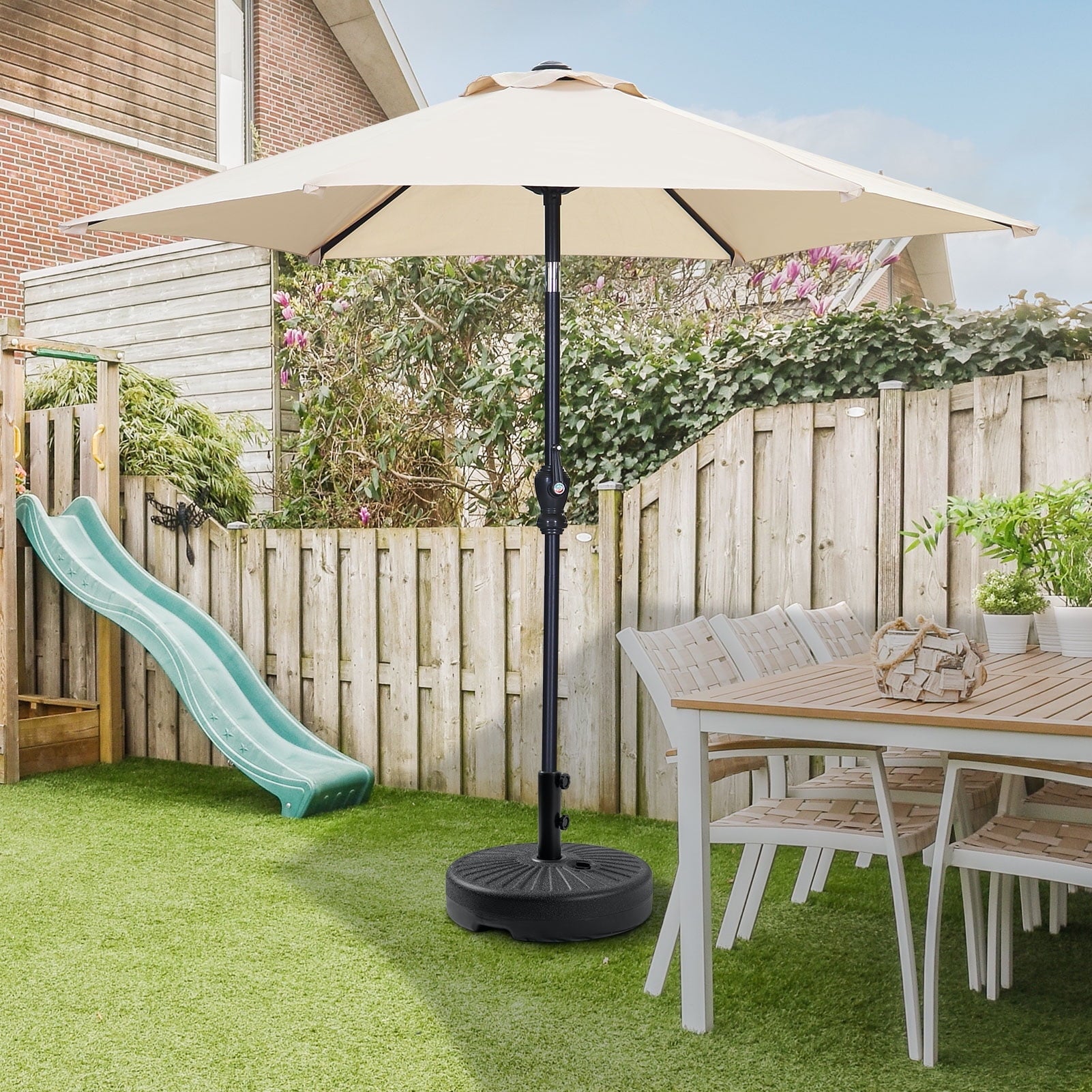 Autlaycil 7.5ft Outdoor Patio Umbrella with Umbrella Weighted Base, Push Button Tilt and Crank, Patio Table Market Umbrella, UV Protection Waterproof for Garden, Deck, Backyard, Pool, Khaki