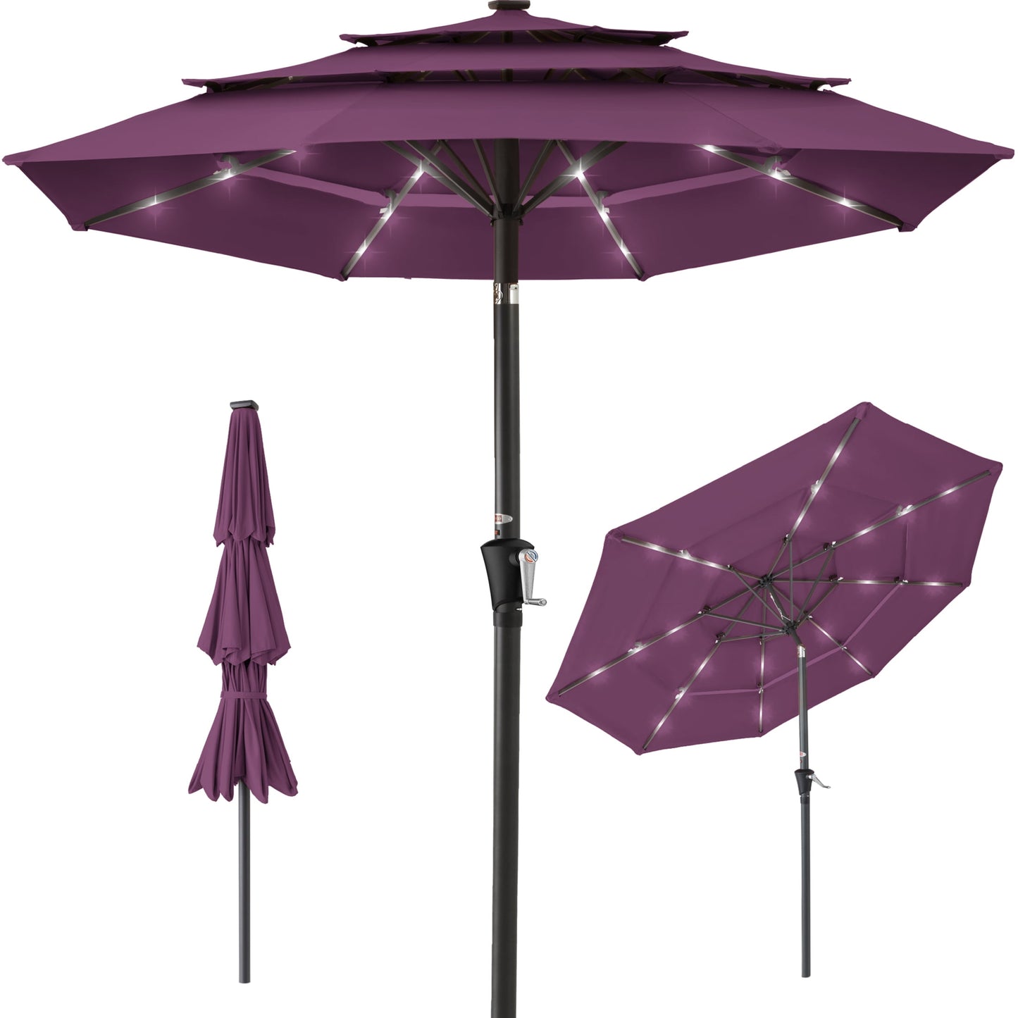 Best Choice Products 10ft 3-Tier Solar Patio Umbrella w/ 24 LED Lights, Tilt Adjustment, Easy Crank - Tan