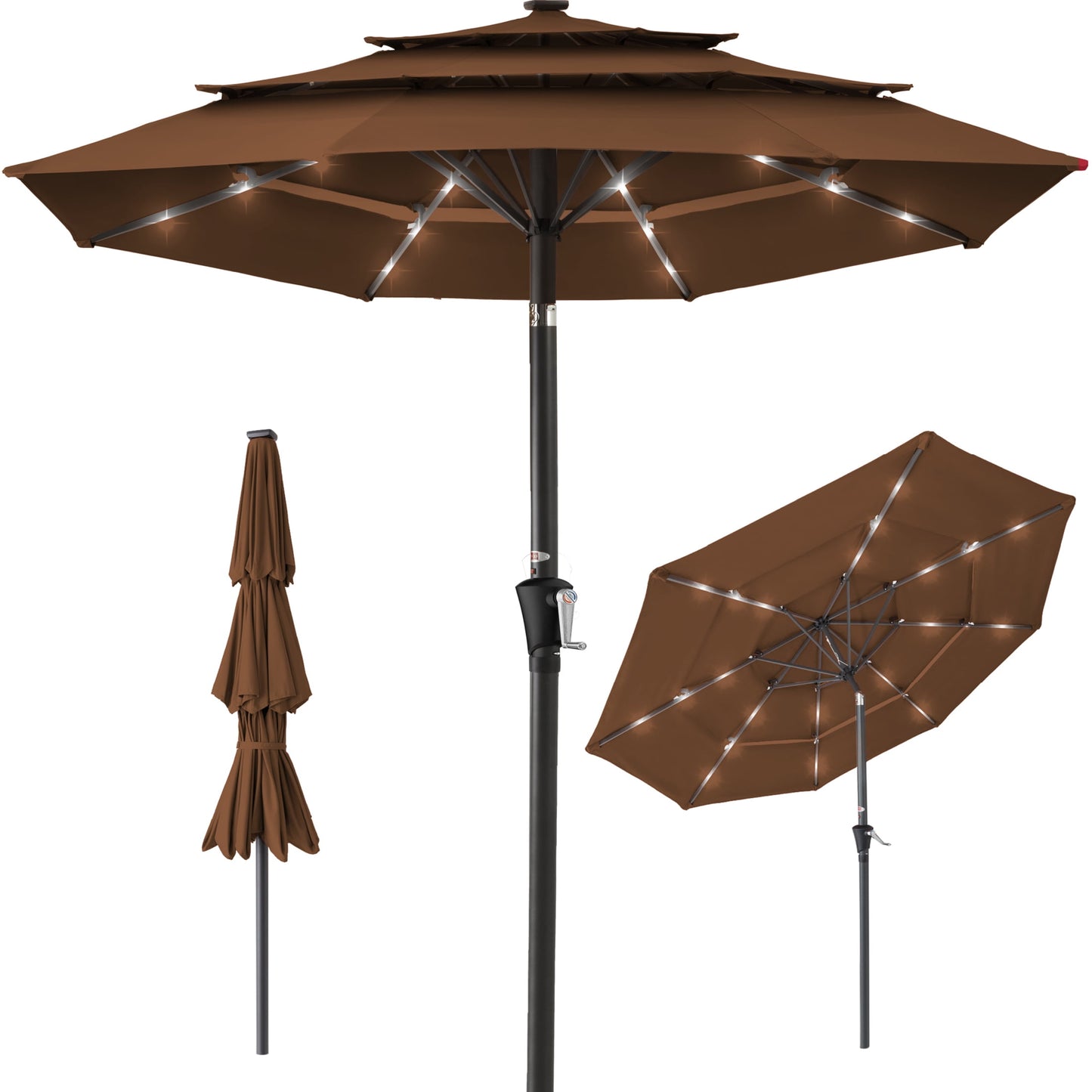 Best Choice Products 10ft 3-Tier Solar Patio Umbrella w/ 24 LED Lights, Tilt Adjustment, Easy Crank - Tan