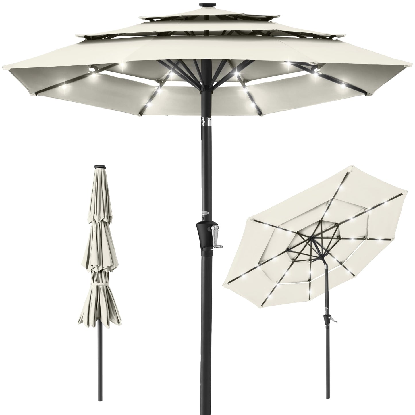 Best Choice Products 10ft 3-Tier Solar Patio Umbrella w/ 24 LED Lights, Tilt Adjustment, Easy Crank - Tan