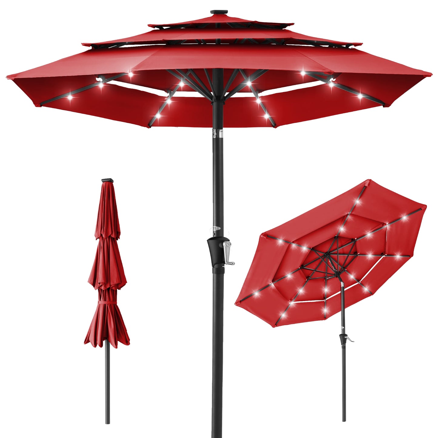 Best Choice Products 10ft 3-Tier Solar Patio Umbrella w/ 24 LED Lights, Tilt Adjustment, Easy Crank - Tan