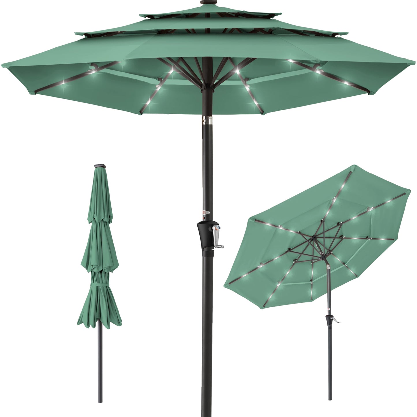 Best Choice Products 10ft 3-Tier Solar Patio Umbrella w/ 24 LED Lights, Tilt Adjustment, Easy Crank - Tan