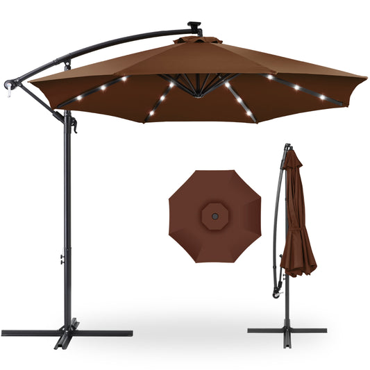 Best Choice Products 10ft Solar LED Offset Hanging Outdoor Market Patio Umbrella w/ Adjustable Tilt - Brown