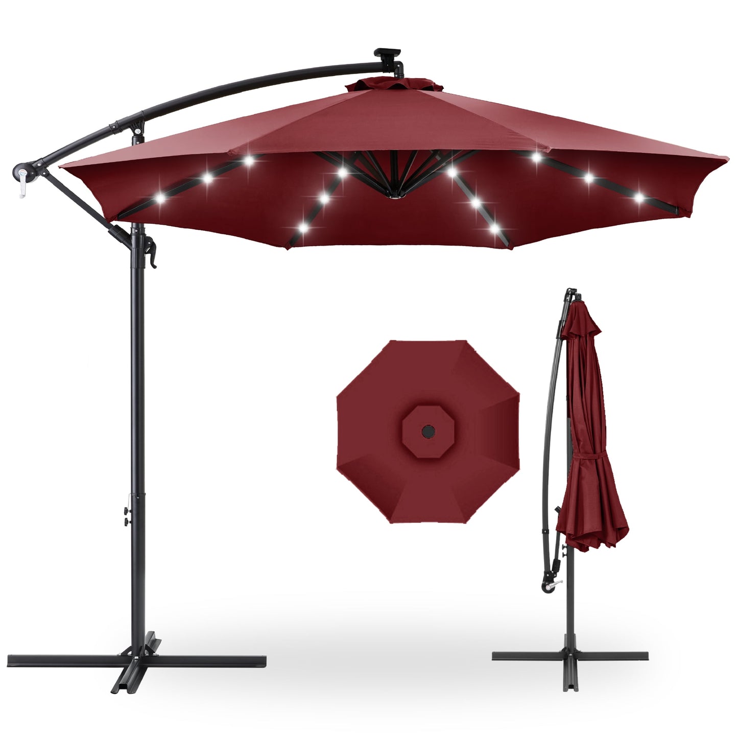 Best Choice Products 10ft Solar LED Offset Hanging Outdoor Market Patio Umbrella w/ Adjustable Tilt - Brown