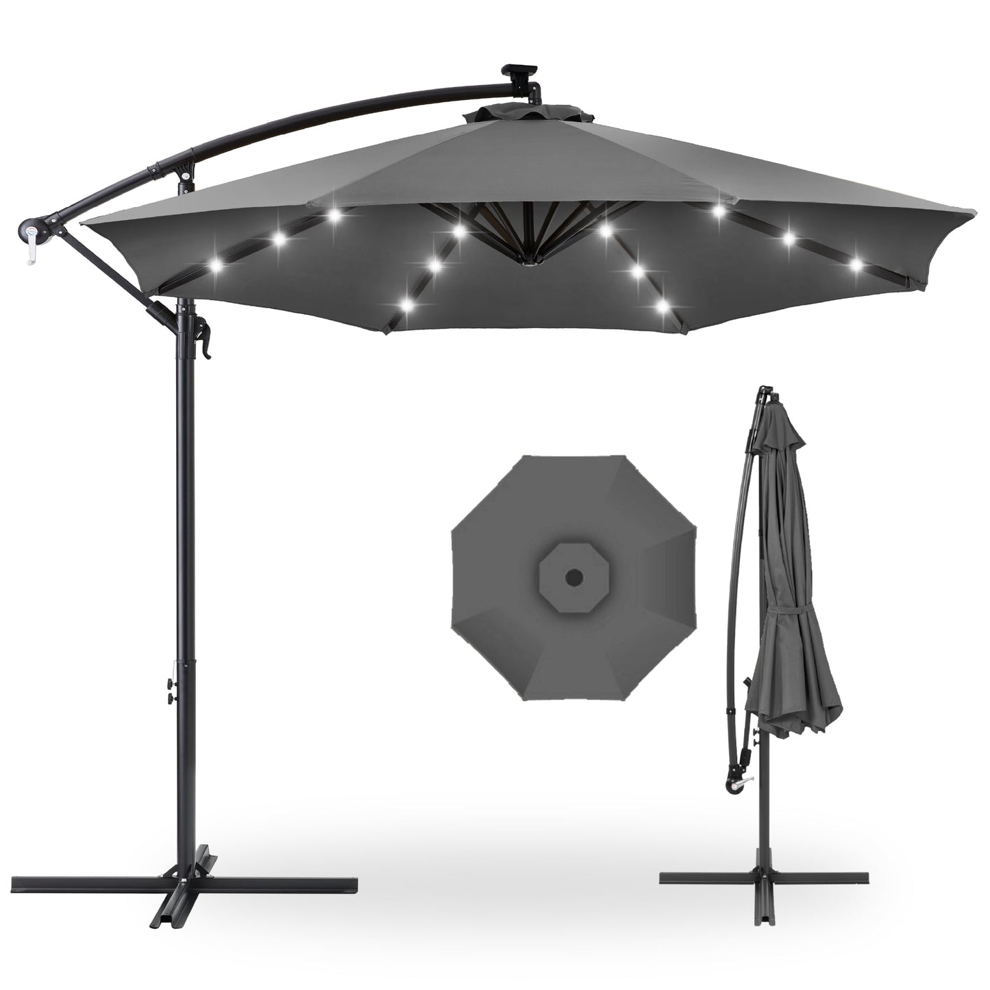 Best Choice Products 10ft Solar LED Offset Hanging Outdoor Market Patio Umbrella w/ Adjustable Tilt - Brown
