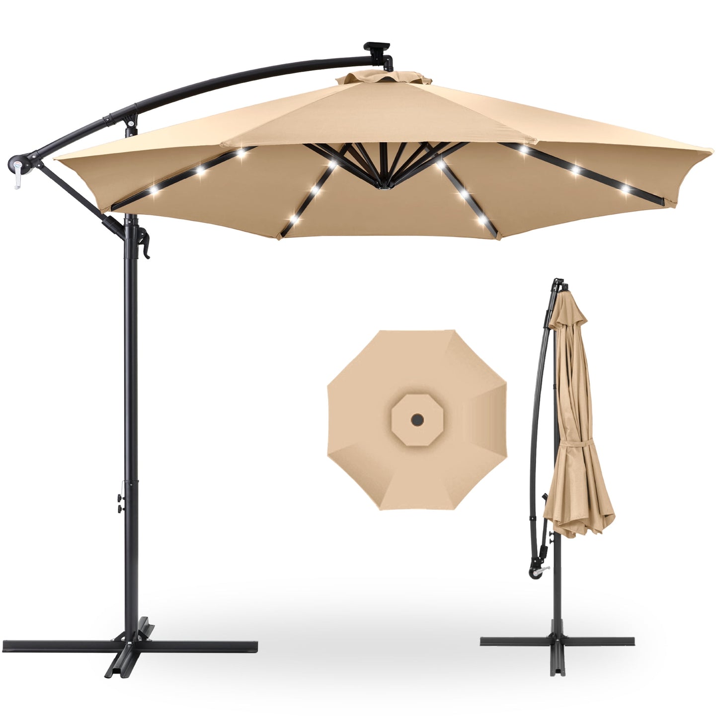 Best Choice Products 10ft Solar LED Offset Hanging Outdoor Market Patio Umbrella w/ Adjustable Tilt - Brown