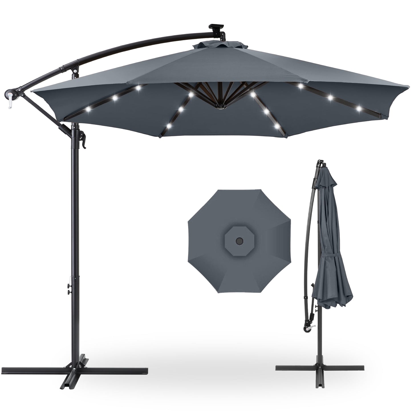 Best Choice Products 10ft Solar LED Offset Hanging Outdoor Market Patio Umbrella w/ Adjustable Tilt - Brown