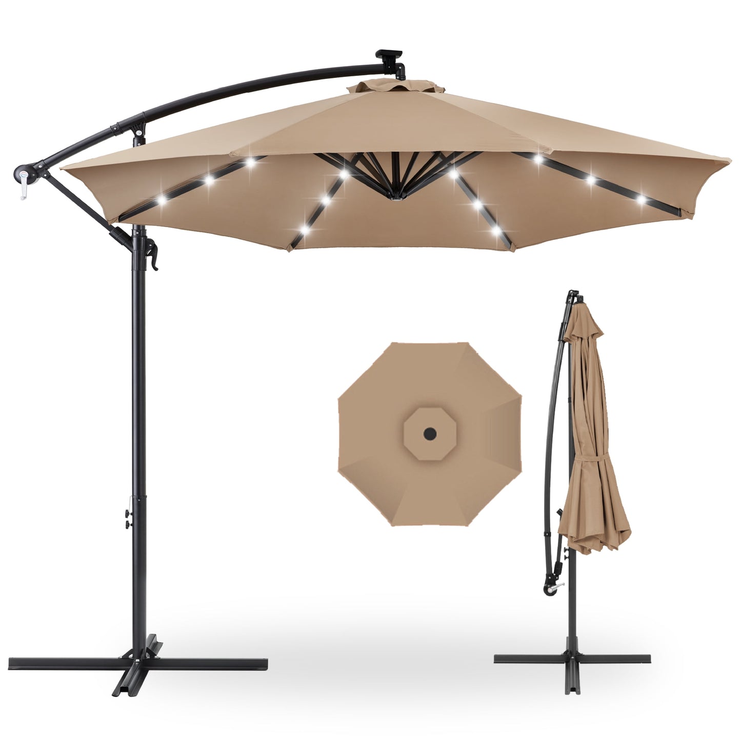 Best Choice Products 10ft Solar LED Offset Hanging Outdoor Market Patio Umbrella w/ Adjustable Tilt - Brown