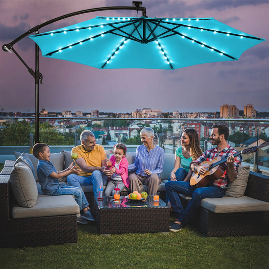 Costway 10 Ft Patio Solar LED Offset Umbrella 40 Lights Crank Base Turquoise