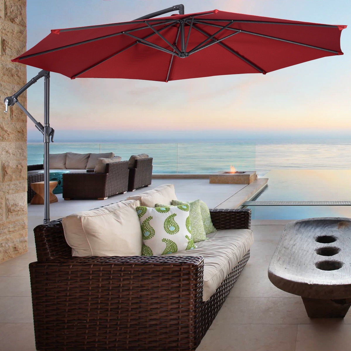 Costway 10' Hanging Umbrella Patio Sun Shade Offset Garden Market W/ T Cross Base Tan